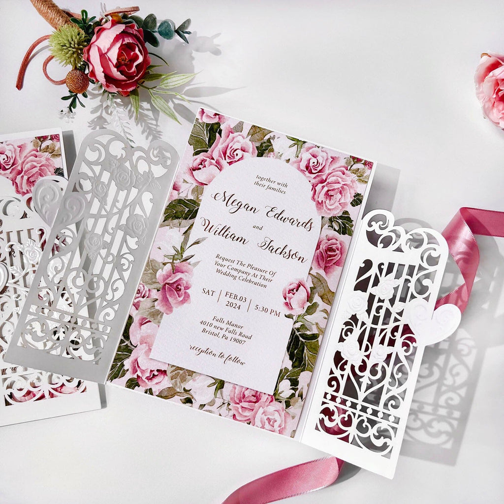 Elegant Pink Floral Wedding Invitation Suite, Gate Fold Embossed Heart Wedding Invites with White Lace Cover Wedding Ceremony Supplies Picky Bride