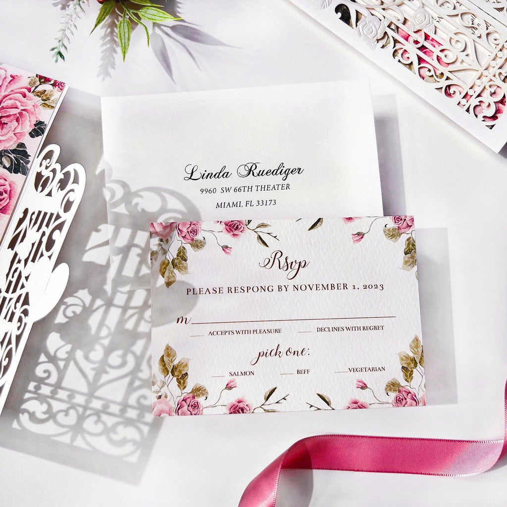 Elegant Pink Floral Wedding Invitation Suite, Gate Fold Embossed Heart Wedding Invites with White Lace Cover Wedding Ceremony Supplies Picky Bride