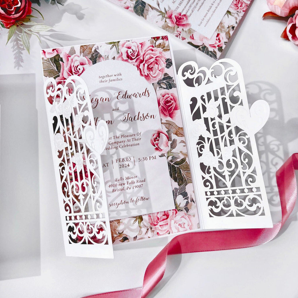 Elegant Pink Floral Wedding Invitation Suite, Gate Fold Embossed Heart Wedding Invites with White Lace Cover Wedding Ceremony Supplies Picky Bride