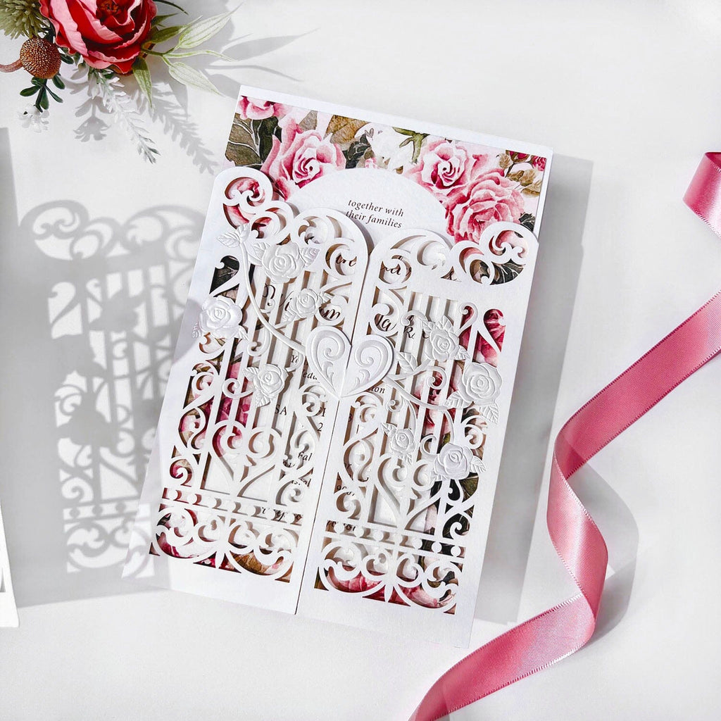 Elegant Pink Floral Wedding Invitation Suite, Gate Fold Embossed Heart Wedding Invites with White Lace Cover Wedding Ceremony Supplies Picky Bride