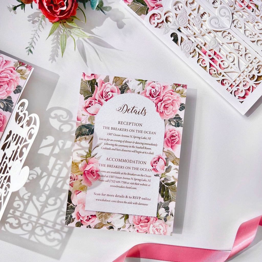 Elegant Pink Floral Wedding Invitation Suite, Gate Fold Embossed Heart Wedding Invites with White Lace Cover Wedding Ceremony Supplies Picky Bride
