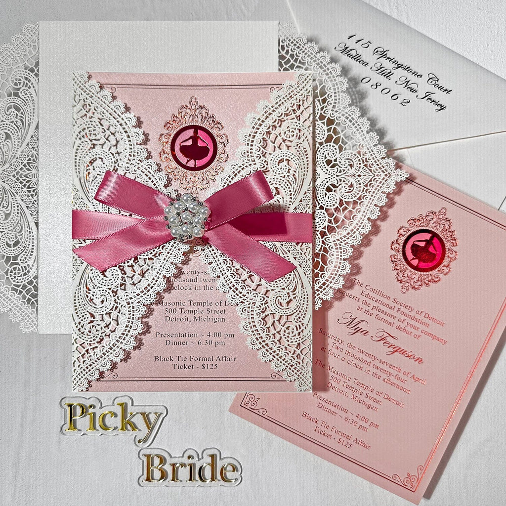 Elegant Rose Gold and Blush Laser Cut Party Invitation, Romanic Pink Gold Foil Invites with Diamante Brooch Bow, Personalized Invitations for Wedding and Quinceanera etc. Wedding Ceremony Supplies Picky Bride