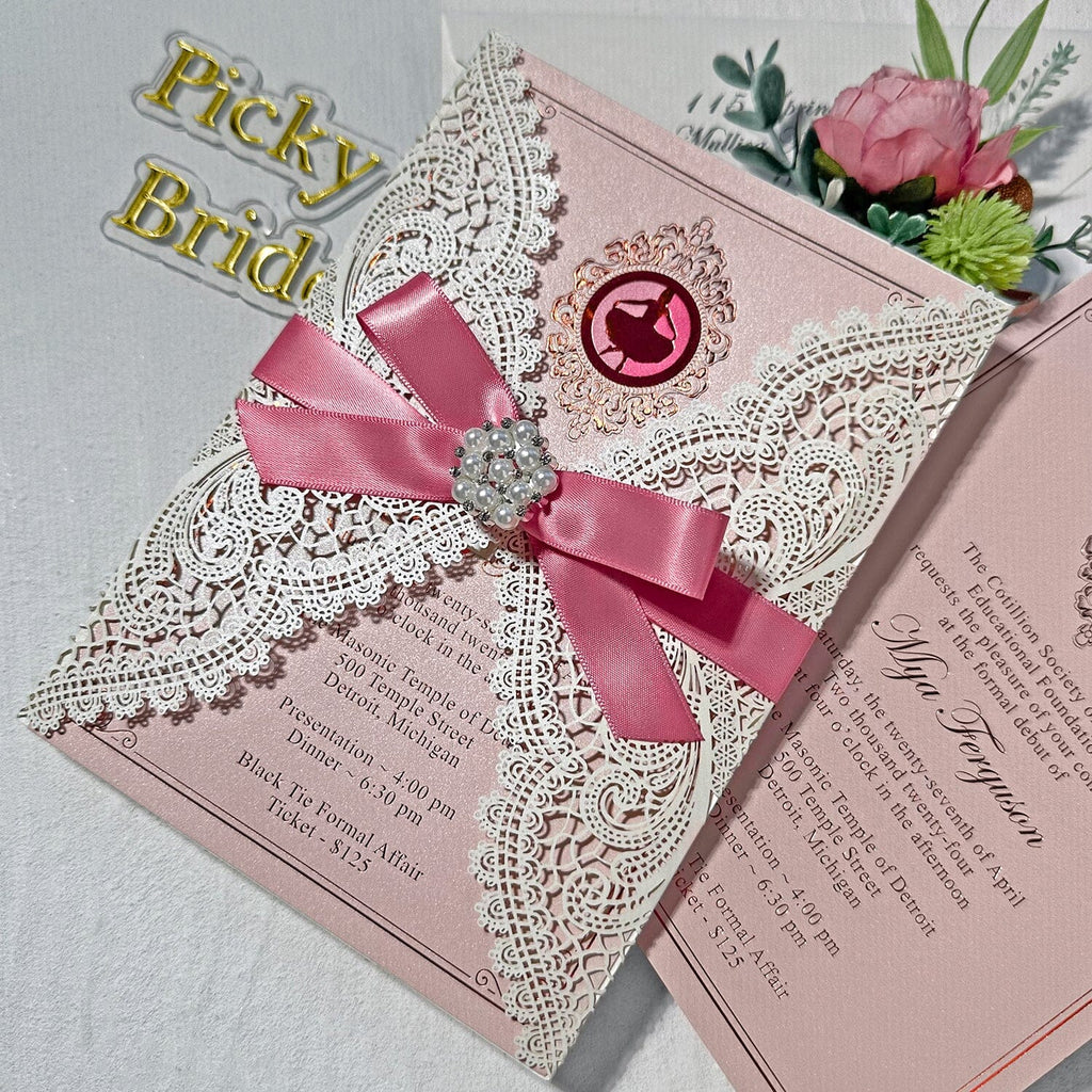 Elegant Rose Gold and Blush Laser Cut Party Invitation, Romanic Pink Gold Foil Invites with Diamante Brooch Bow, Personalized Invitations for Wedding and Quinceanera etc. Wedding Ceremony Supplies Picky Bride