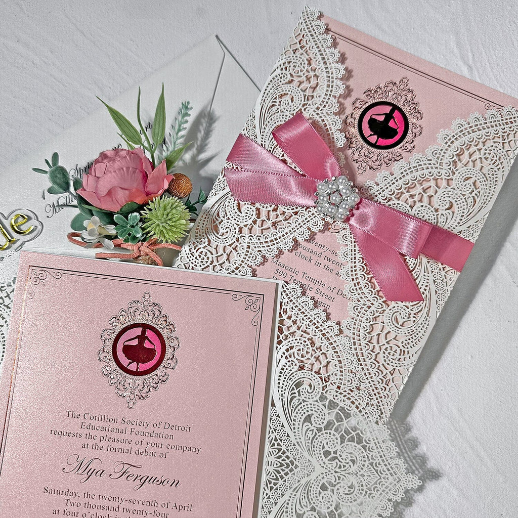 Elegant Rose Gold and Blush Laser Cut Party Invitation, Romanic Pink Gold Foil Invites with Diamante Brooch Bow, Personalized Invitations for Wedding and Quinceanera etc. Wedding Ceremony Supplies Picky Bride