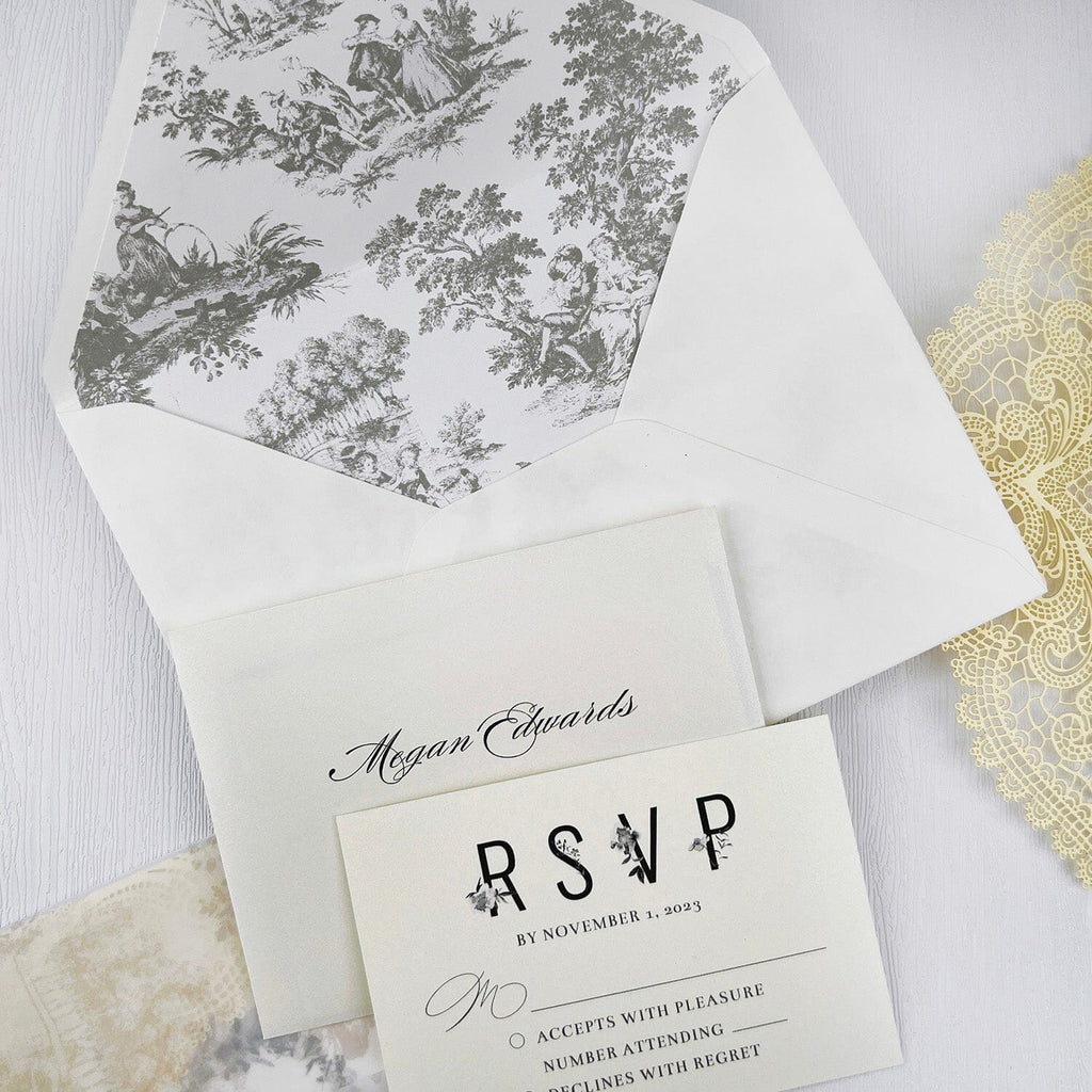 Elegant Yellow and White Lace Wedding Invitations, Romantic Printed Vellum Wrap Invites with Gold Wax Seal, Fine Art Lined Envelopes Invitation Wedding Ceremony Supplies Picky Bride