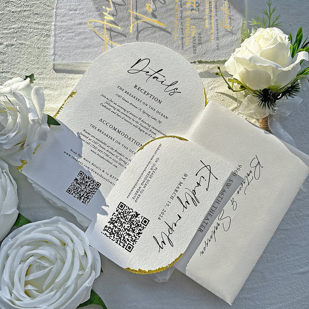 Emerald Green and Gold Arch Acrylic Wedding Invitations, Luxury Gold Deckled Edge Invite Cards with Handmade Botany and Wax Seal, Elegant Botanical Multiple Choice Wedding Ceremony Supplies Picky Bride