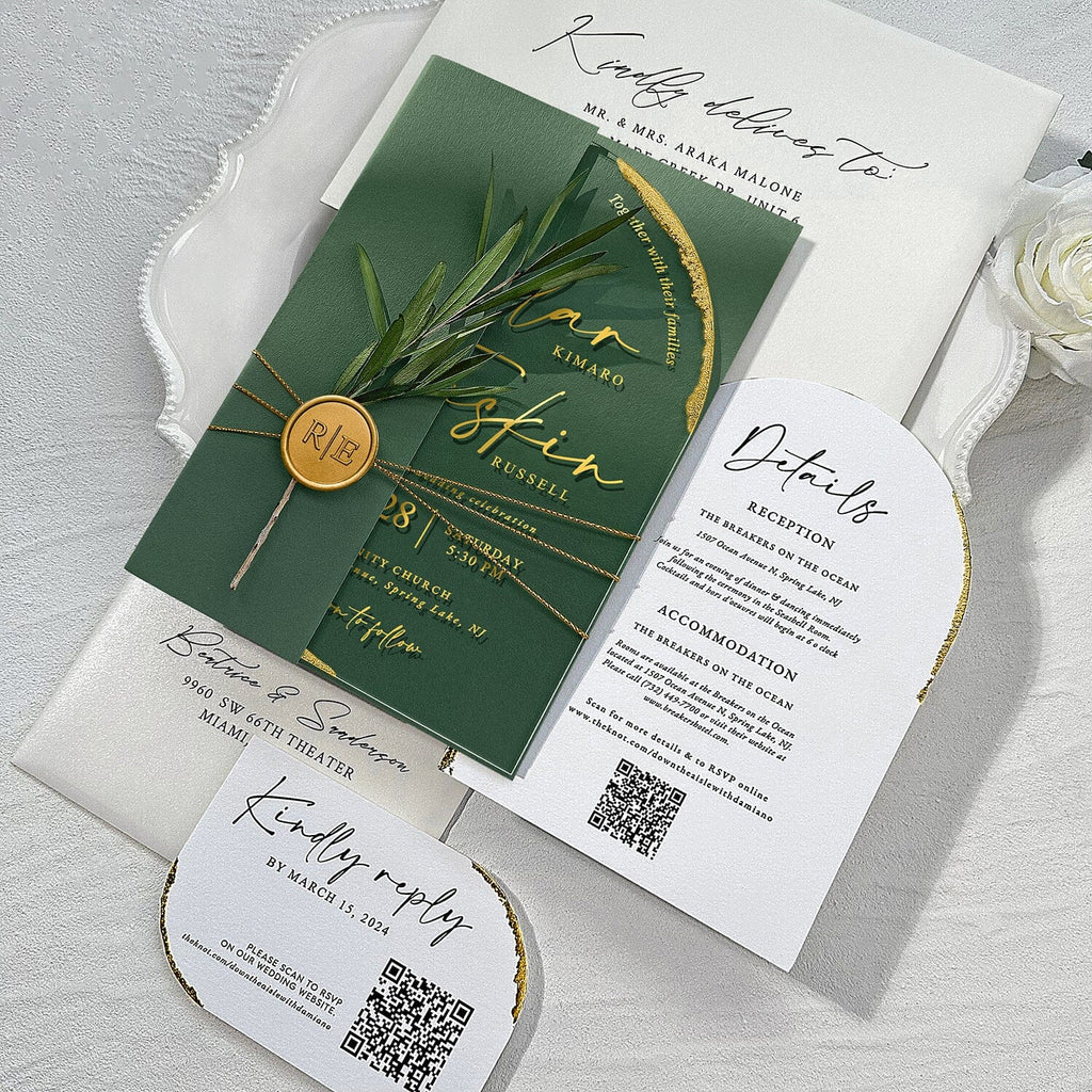 Emerald Green and Gold Arch Acrylic Wedding Invitations, Luxury Gold Deckled Edge Invite Cards with Handmade Botany and Wax Seal, Elegant Botanical Multiple Choice Wedding Ceremony Supplies Picky Bride