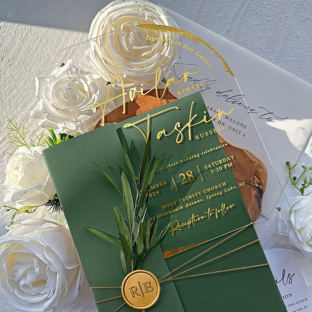 Emerald Green and Gold Arch Acrylic Wedding Invitations, Luxury Gold Deckled Edge Invite Cards with Handmade Botany and Wax Seal, Elegant Botanical Multiple Choice Wedding Ceremony Supplies Picky Bride