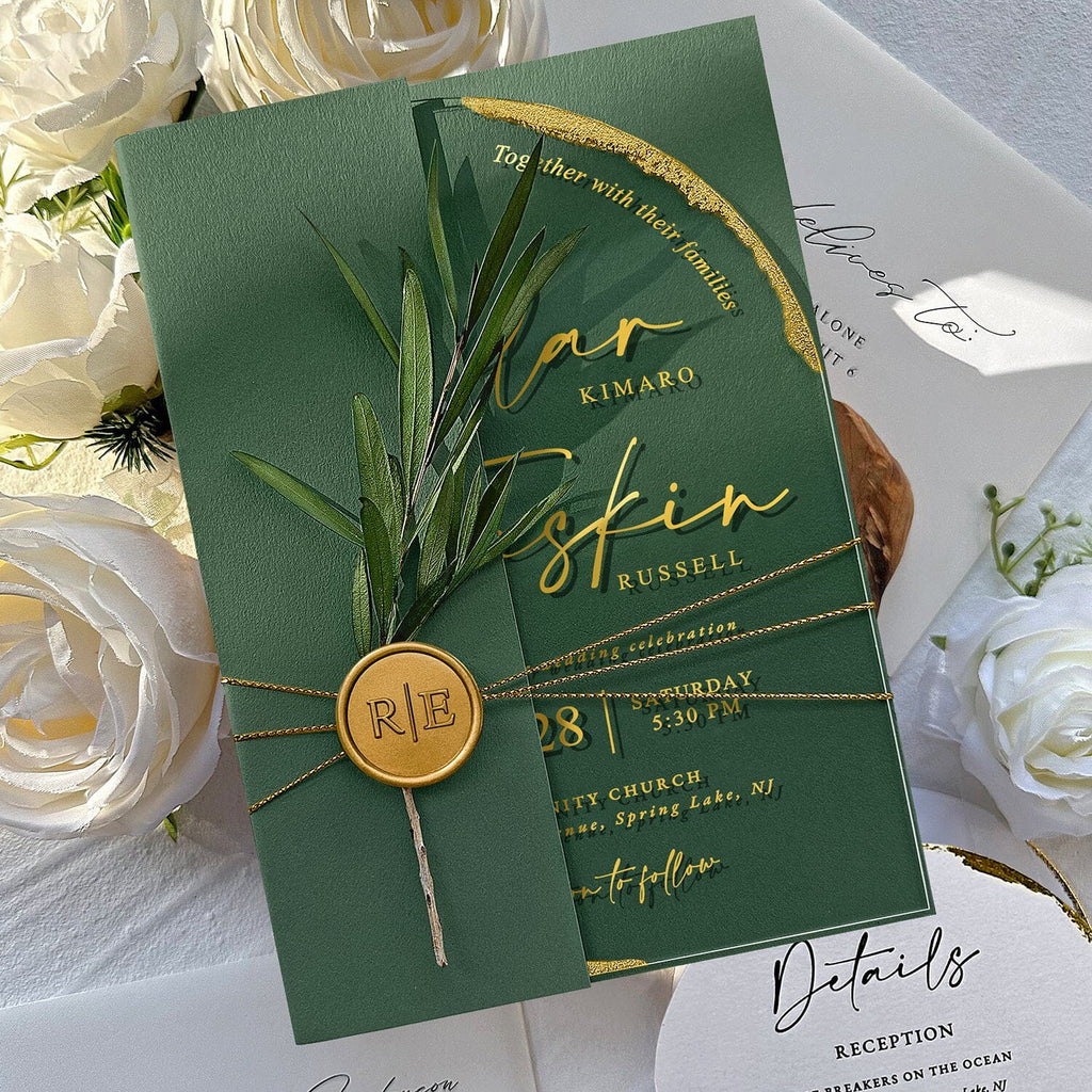Emerald Green and Gold Arch Acrylic Wedding Invitations, Luxury Gold Deckled Edge Invite Cards with Handmade Botany and Wax Seal, Elegant Botanical Multiple Choice Wedding Ceremony Supplies Picky Bride