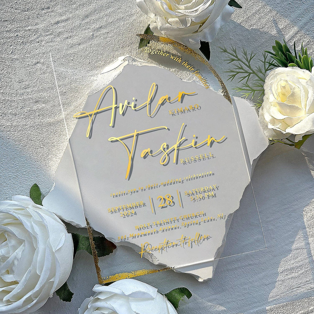 Emerald Green and Gold Arch Acrylic Wedding Invitations, Luxury Gold Deckled Edge Invite Cards with Handmade Botany and Wax Seal, Elegant Botanical Multiple Choice Wedding Ceremony Supplies Picky Bride
