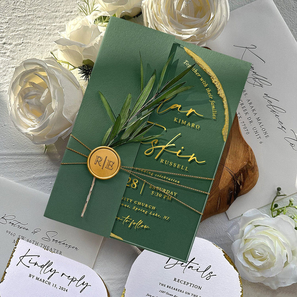 Emerald Green and Gold Arch Acrylic Wedding Invitations, Luxury Gold Deckled Edge Invite Cards with Handmade Botany and Wax Seal, Elegant Botanical Multiple Choice Wedding Ceremony Supplies Picky Bride