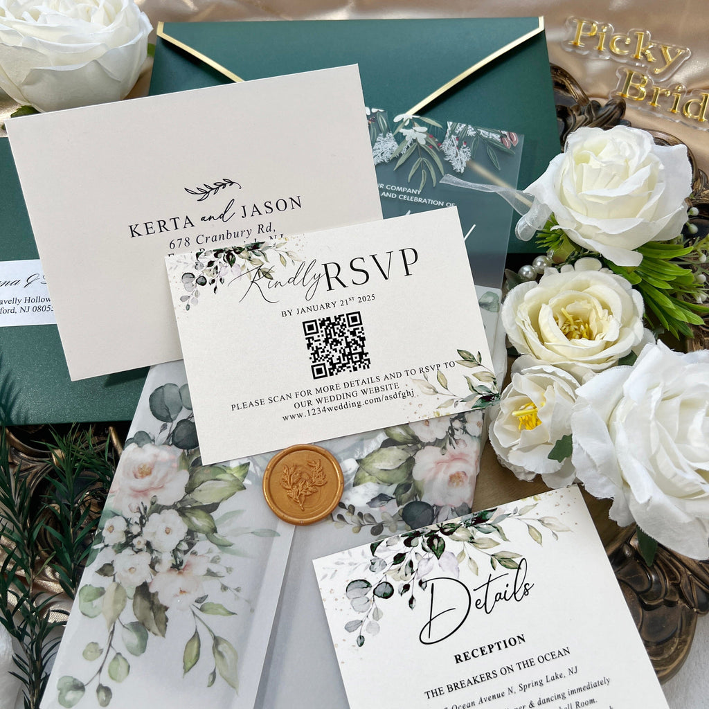 Emerald Green Frosted Acrylic Wedding Invitation Suite, Vellum Greenery Eucalyptus Transparent Invites with Gold Wax Seal, Printable Rsvp, Details Card Wedding Ceremony Supplies Picky Bride