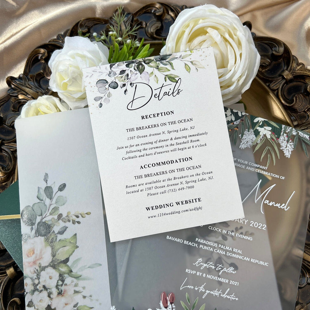 Emerald Green Frosted Acrylic Wedding Invitation Suite, Vellum Greenery Eucalyptus Transparent Invites with Gold Wax Seal, Printable Rsvp, Details Card Wedding Ceremony Supplies Picky Bride