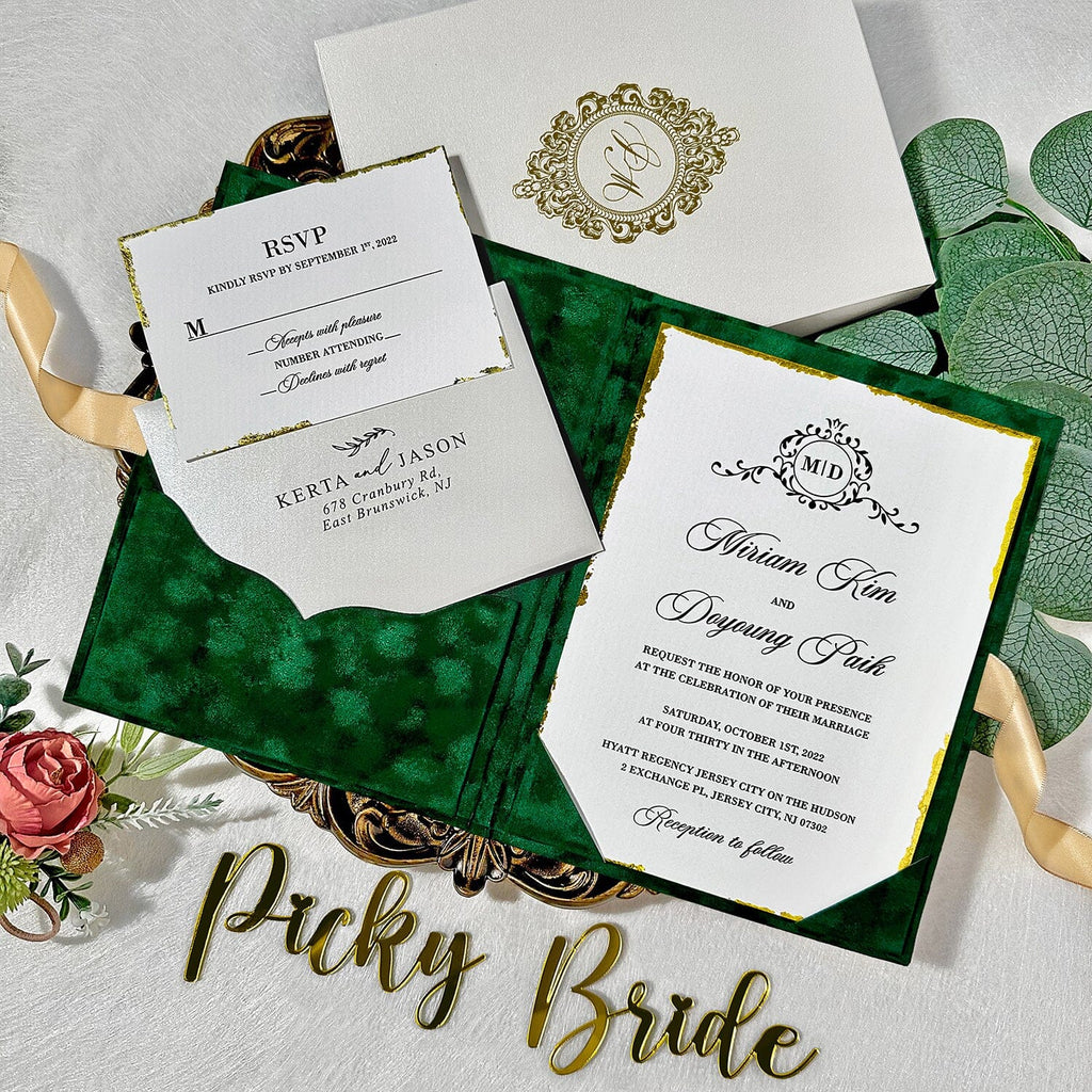 Emerald Green Gold Velvet Wedding Invitations with Gold Foil Monogram, Luxury Handmade Gold Deckled-Edge Invite Cards, Boxed Invitation Picky Bride