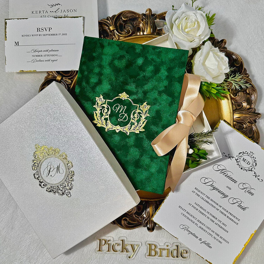 Emerald Green Gold Velvet Wedding Invitations with Gold Foil Monogram, Luxury Handmade Gold Deckled-Edge Invite Cards, Boxed Invitation Picky Bride