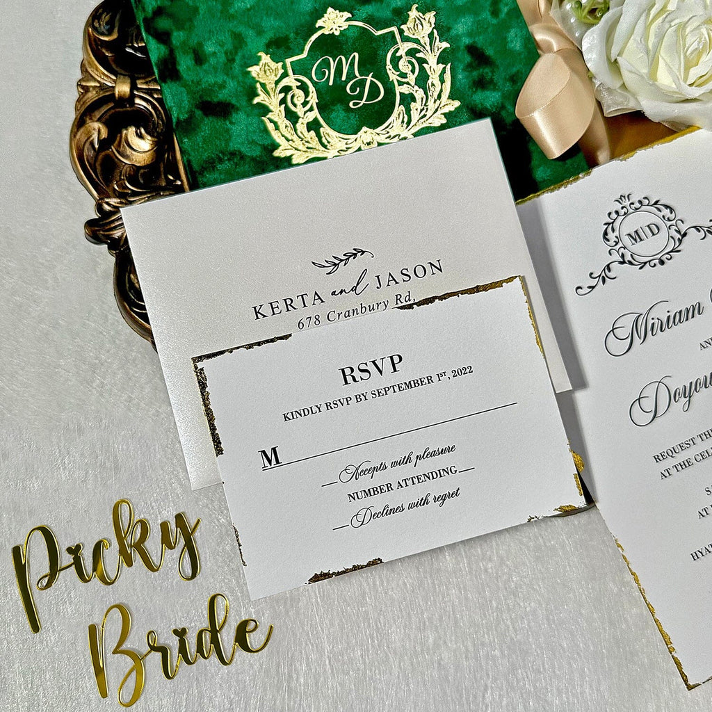 Emerald Green Gold Velvet Wedding Invitations with Gold Foil Monogram, Luxury Handmade Gold Deckled-Edge Invite Cards, Boxed Invitation Picky Bride