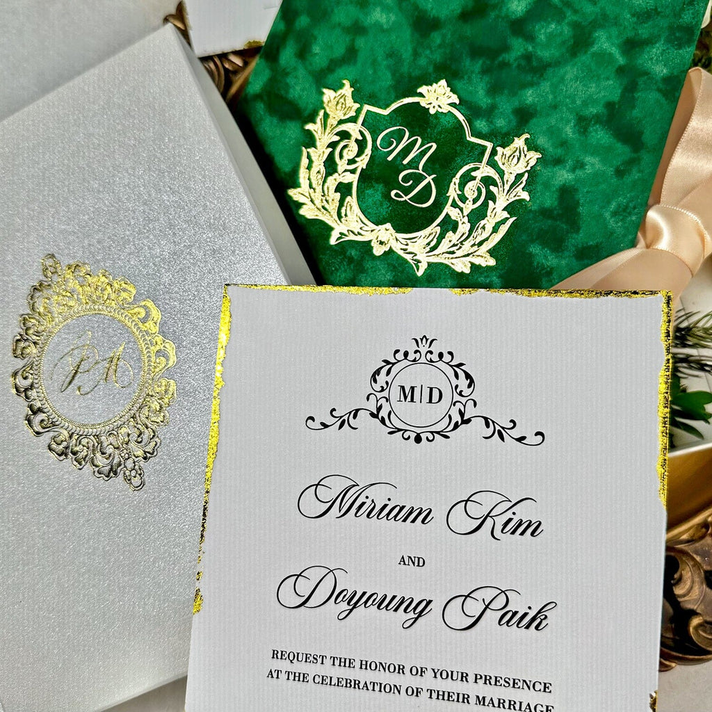Emerald Green Gold Velvet Wedding Invitations with Gold Foil Monogram, Luxury Handmade Gold Deckled-Edge Invite Cards, Boxed Invitation Picky Bride