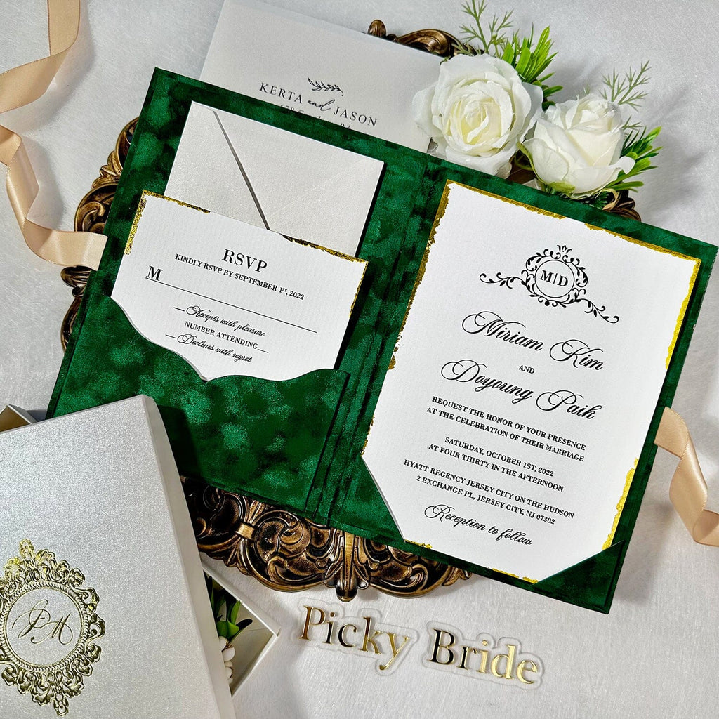 Emerald Green Gold Velvet Wedding Invitations with Gold Foil Monogram, Luxury Handmade Gold Deckled-Edge Invite Cards, Boxed Invitation Picky Bride