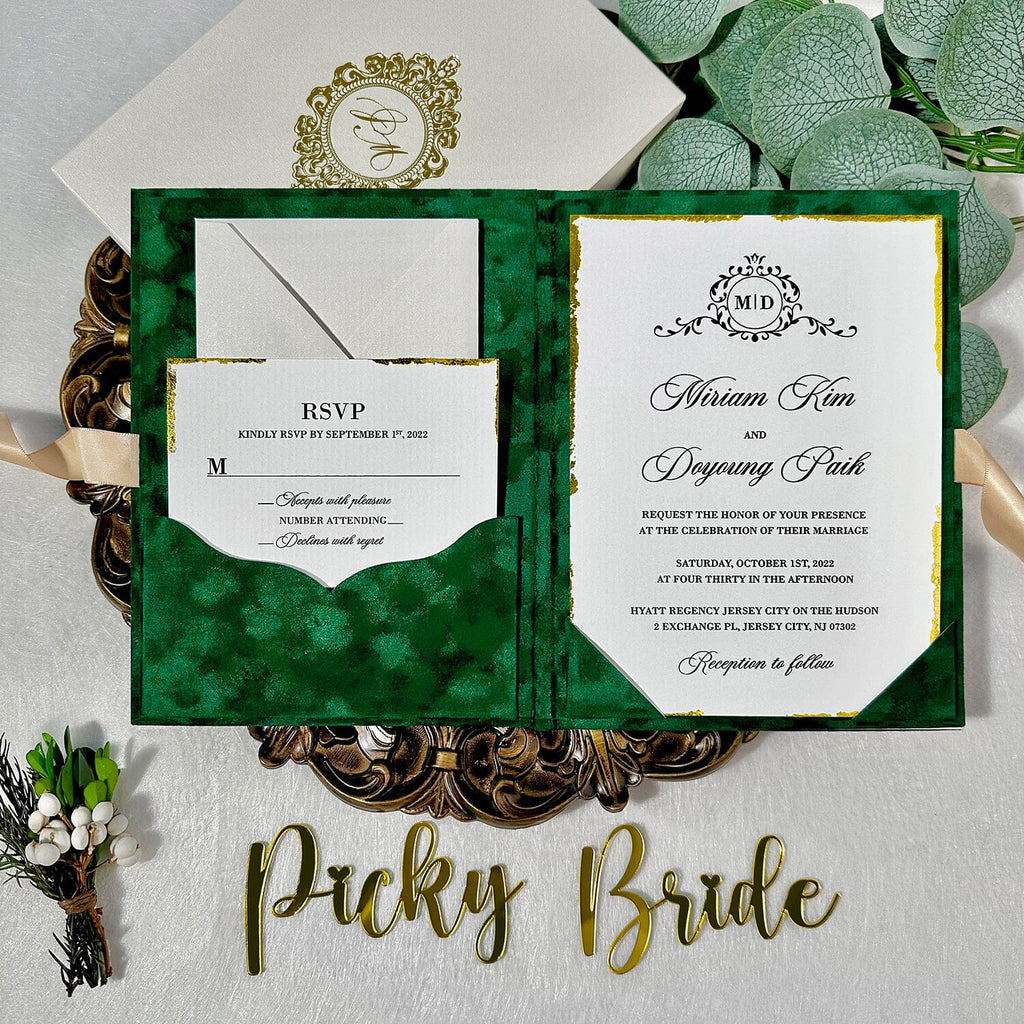 Emerald Green Gold Velvet Wedding Invitations with Gold Foil Monogram, Luxury Handmade Gold Deckled-Edge Invite Cards, Boxed Invitation Picky Bride
