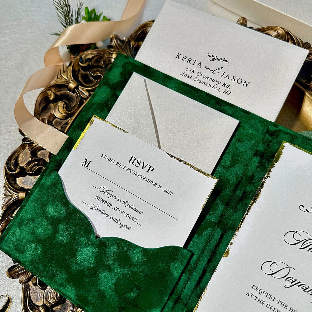 Emerald Green Gold Velvet Wedding Invitations with Gold Foil Monogram, Luxury Handmade Gold Deckled-Edge Invite Cards, Boxed Invitation Picky Bride