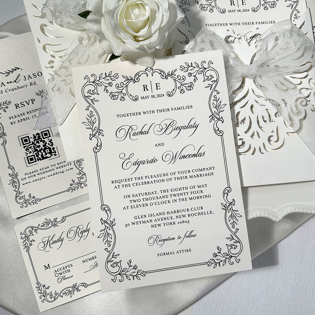 Floral Laser Cut Pocket Wedding Invitation Set, Elegant Invite & RSVP Cards Picky Bride