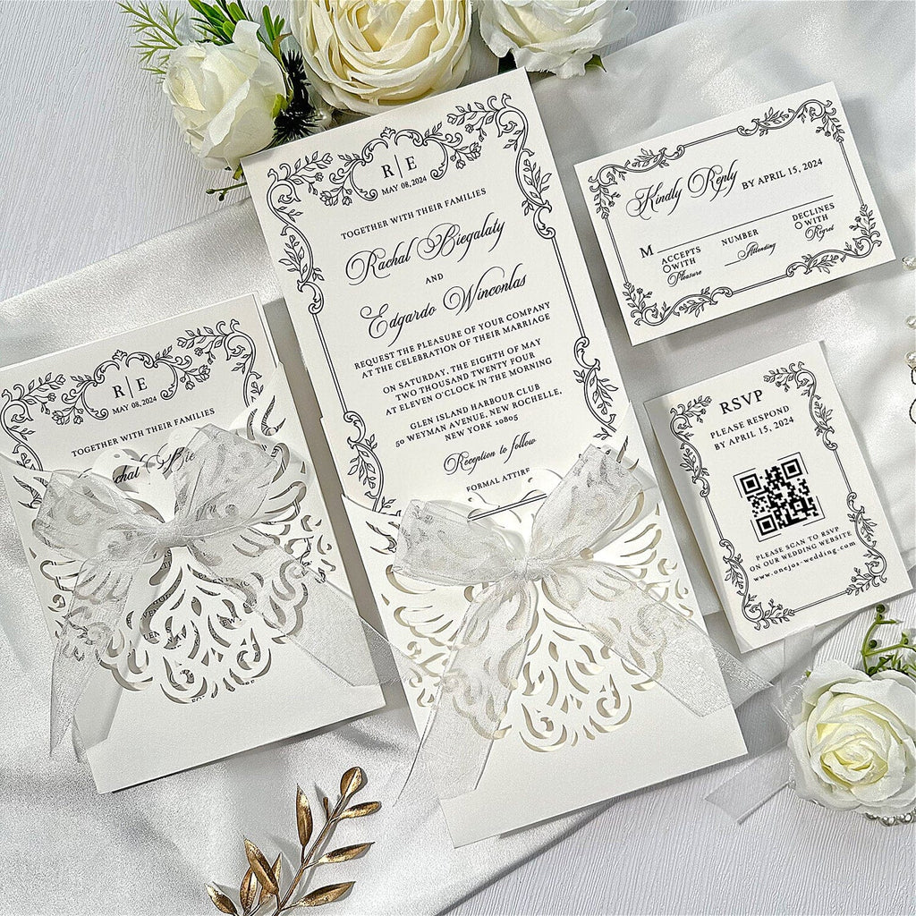Floral Laser Cut Pocket Wedding Invitation Set, Elegant Invite & RSVP Cards Picky Bride