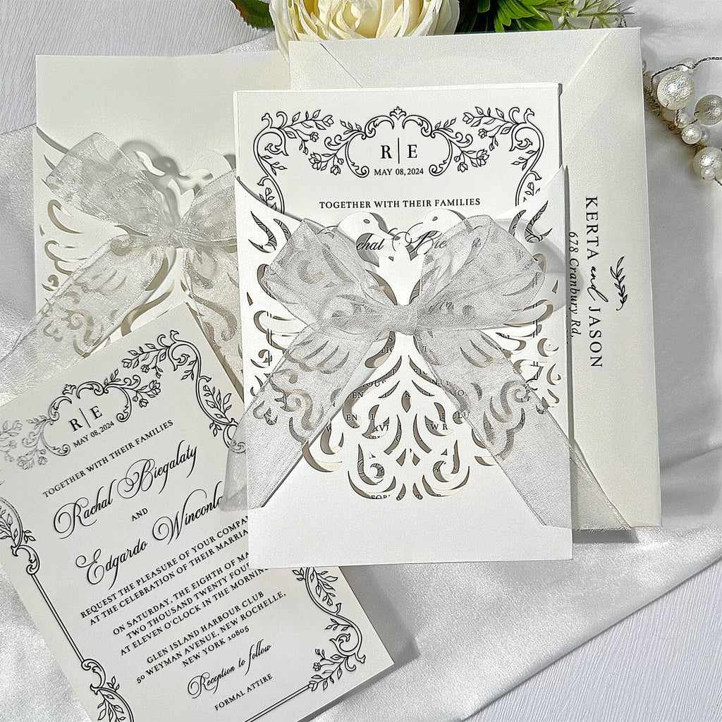 Floral Laser Cut Pocket Wedding Invitation Set, Elegant Invite & RSVP Cards Picky Bride