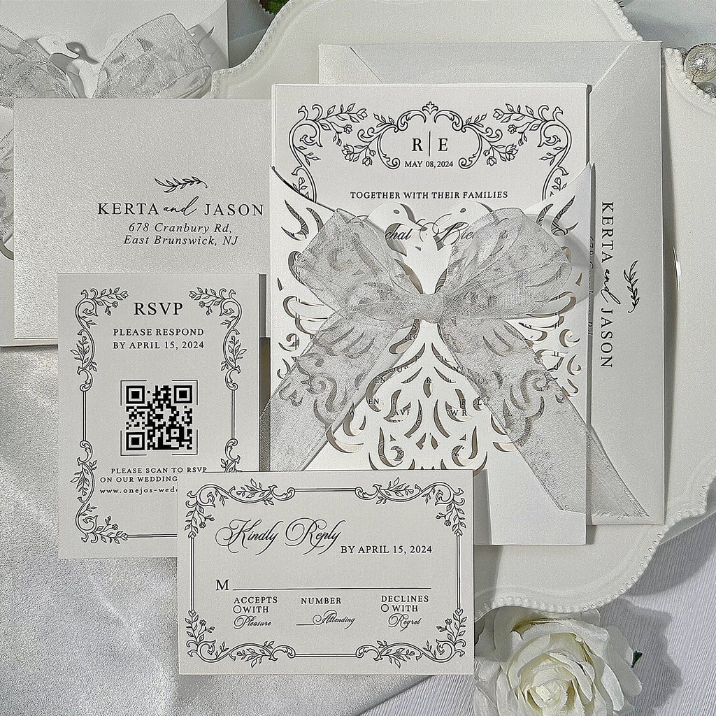 Floral Laser Cut Pocket Wedding Invitation Set, Elegant Invite & RSVP Cards Picky Bride