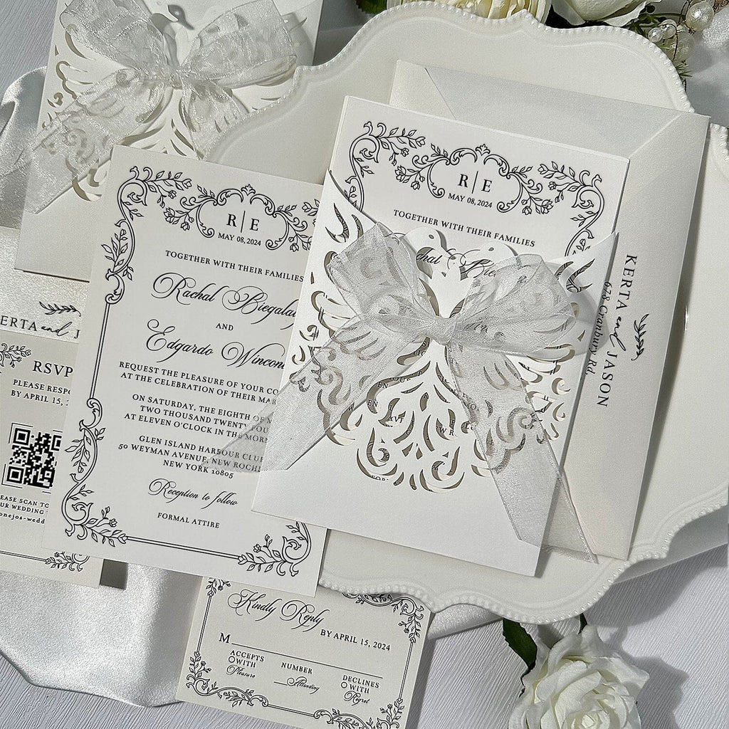 Floral Laser Cut Pocket Wedding Invitation Set, Elegant Invite & RSVP Cards Picky Bride
