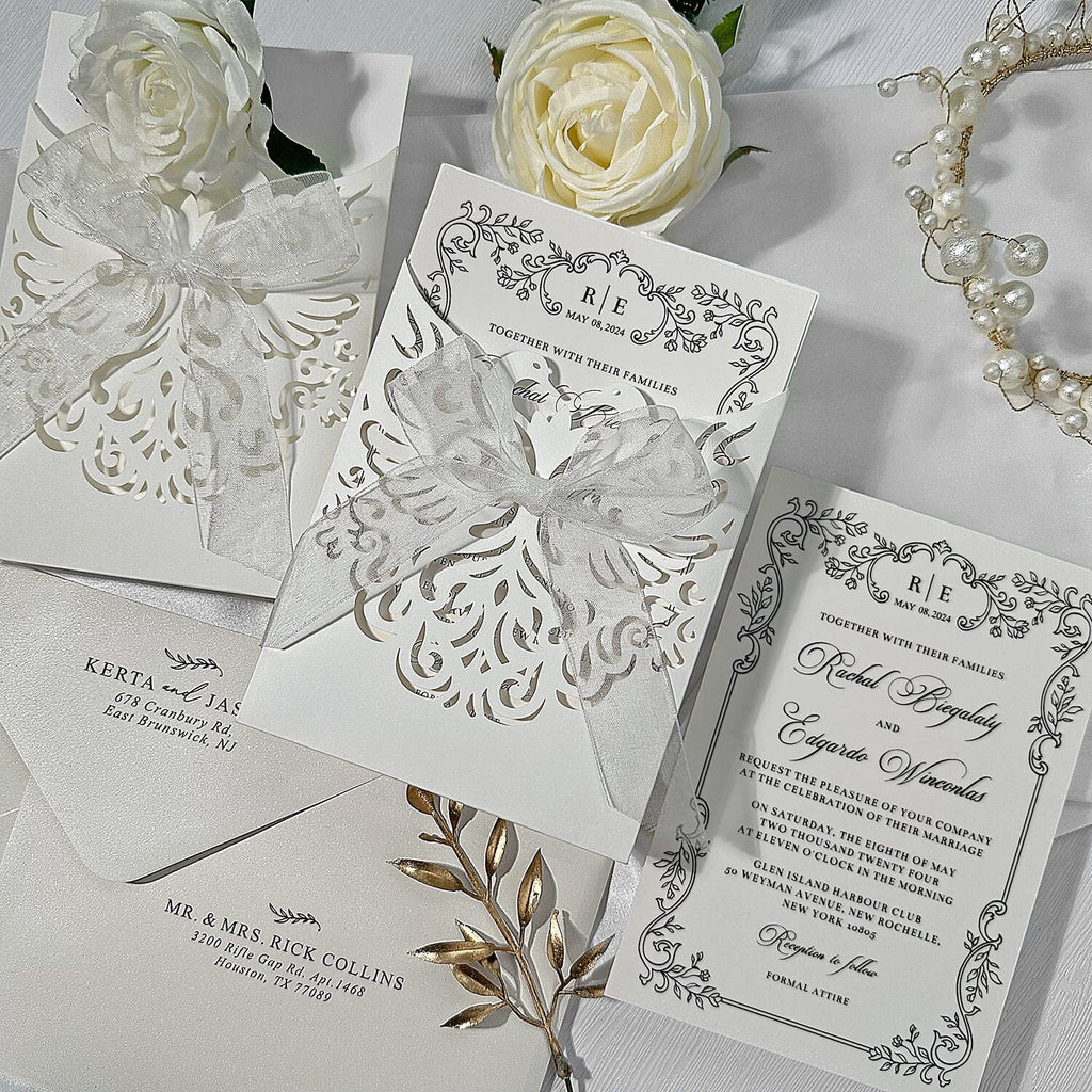Floral Laser Cut Pocket Wedding Invitation Set, Elegant Invite & RSVP Cards Picky Bride