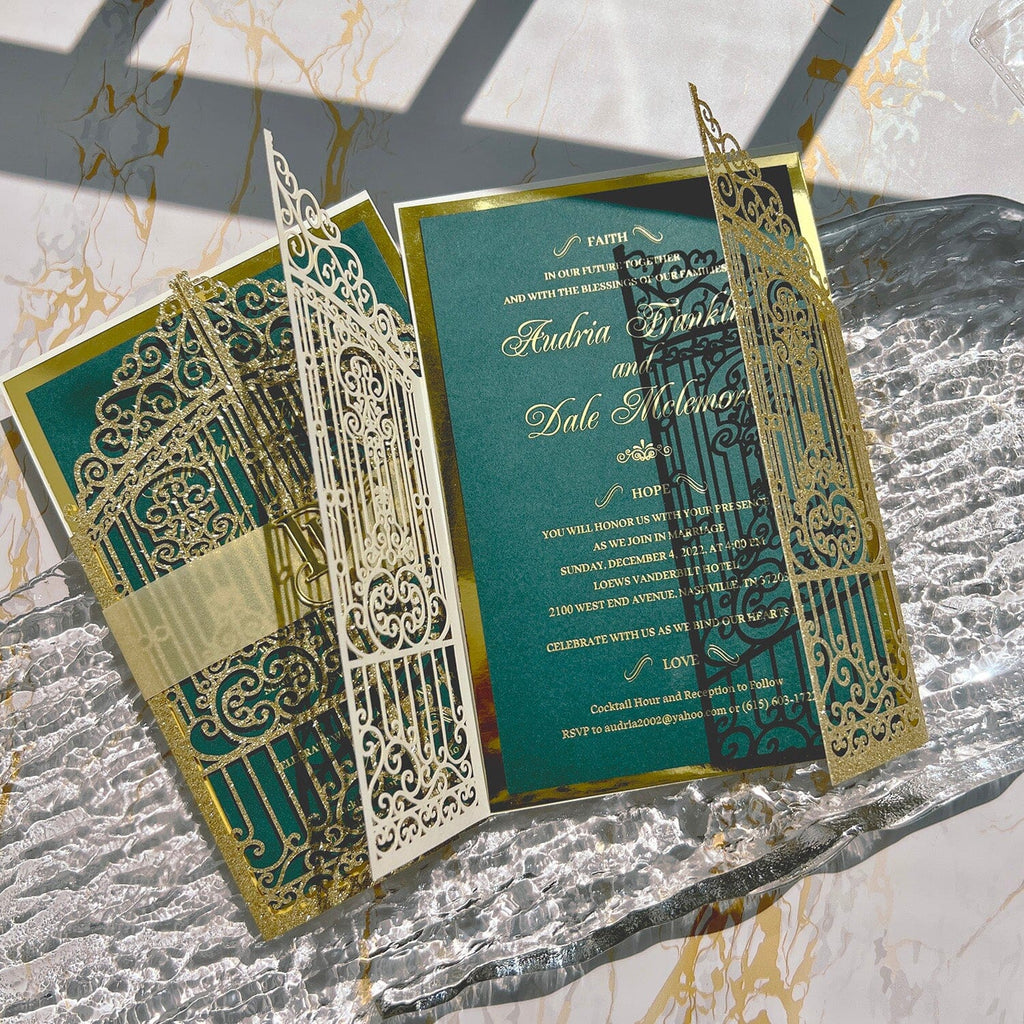 Glitter Gold Gate Wedding Invitation, Emerald Green and Gold Foil Invites, Acrylic Personalized Logo, Golden Invites Cards Wedding Ceremony Supplies Picky Bride