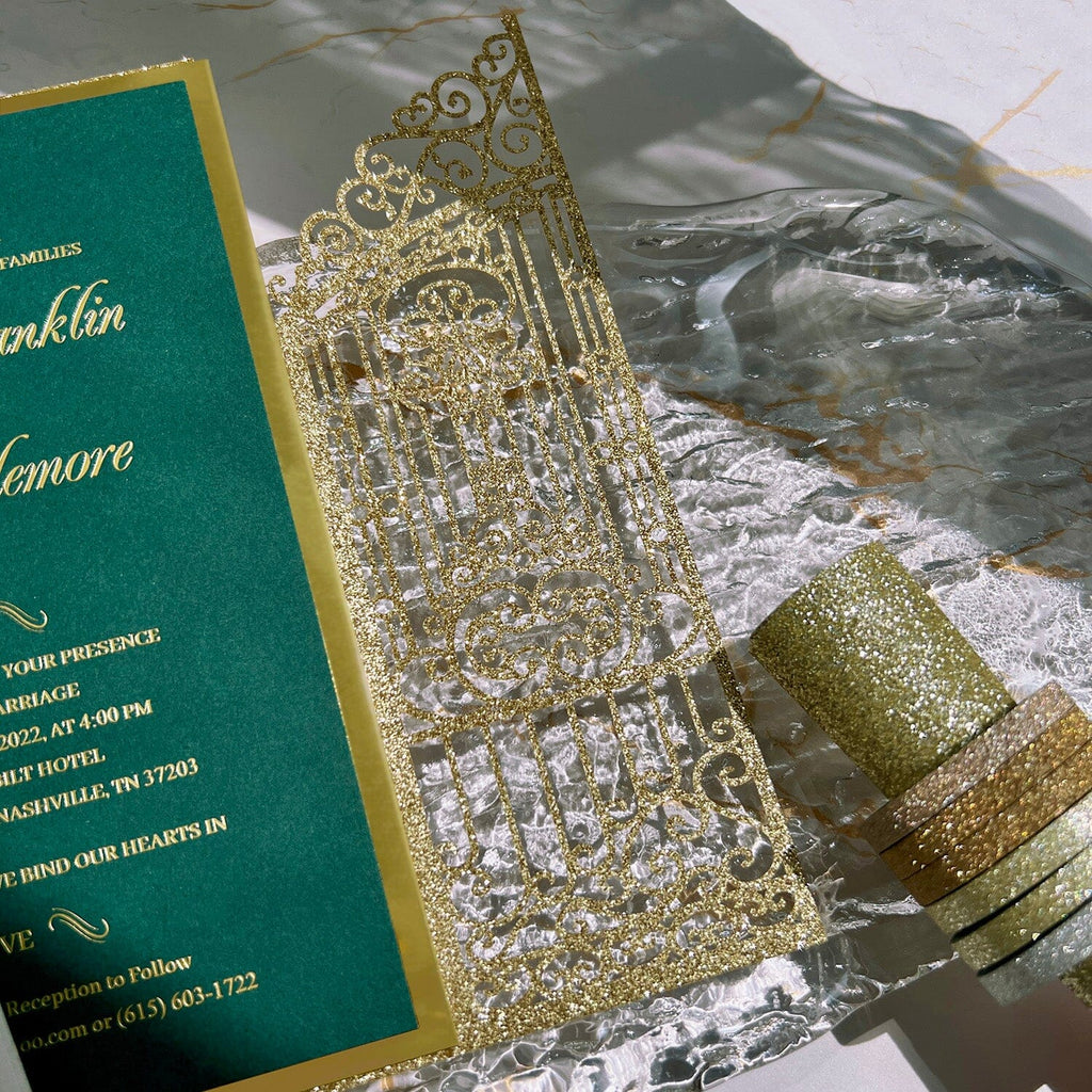 Glitter Gold Gate Wedding Invitation, Emerald Green and Gold Foil Invites, Acrylic Personalized Logo, Golden Invites Cards Wedding Ceremony Supplies Picky Bride