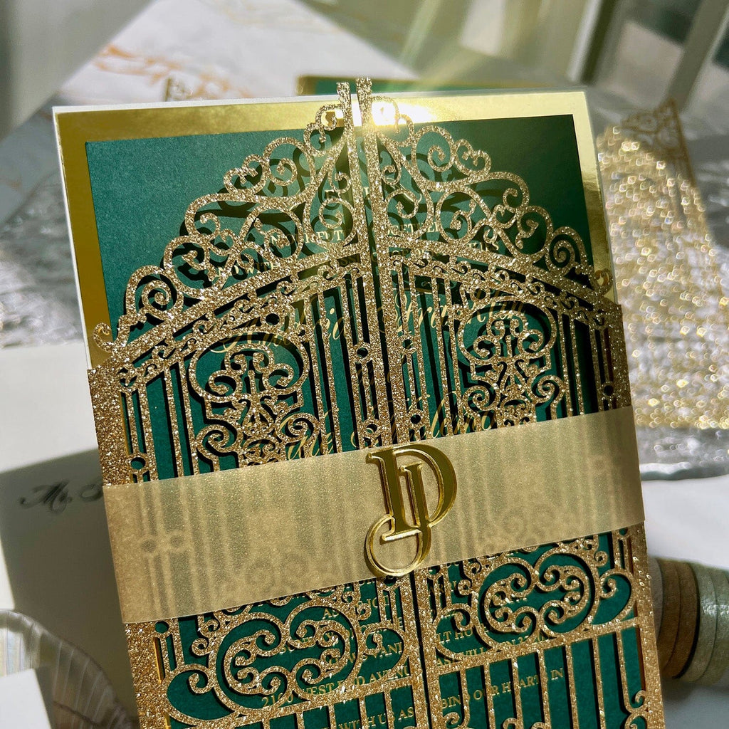 Glitter Gold Gate Wedding Invitation, Emerald Green and Gold Foil Invites, Acrylic Personalized Logo, Golden Invites Cards Wedding Ceremony Supplies Picky Bride
