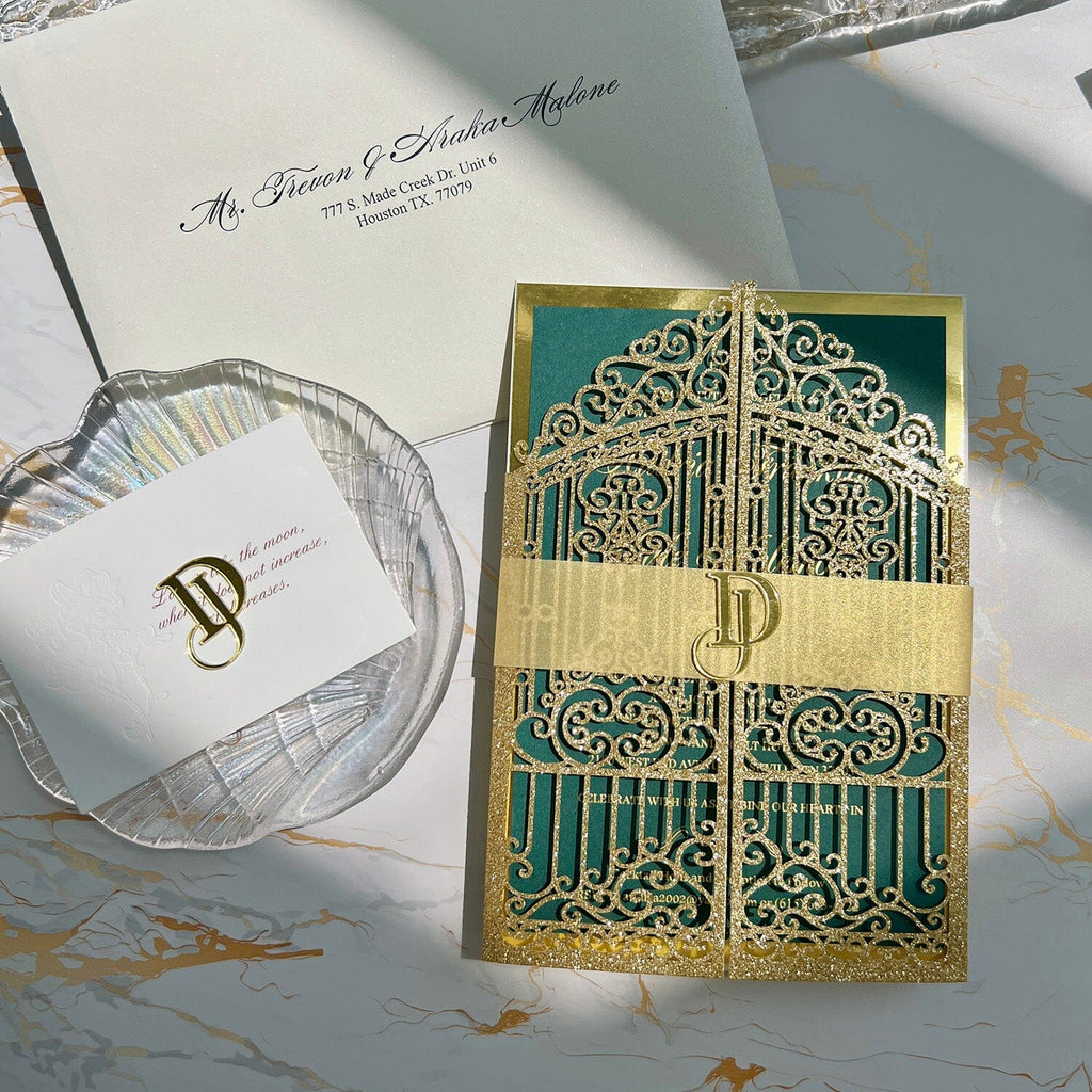 Glitter Gold Gate Wedding Invitation, Emerald Green and Gold Foil Invites, Acrylic Personalized Logo, Golden Invites Cards Wedding Ceremony Supplies Picky Bride