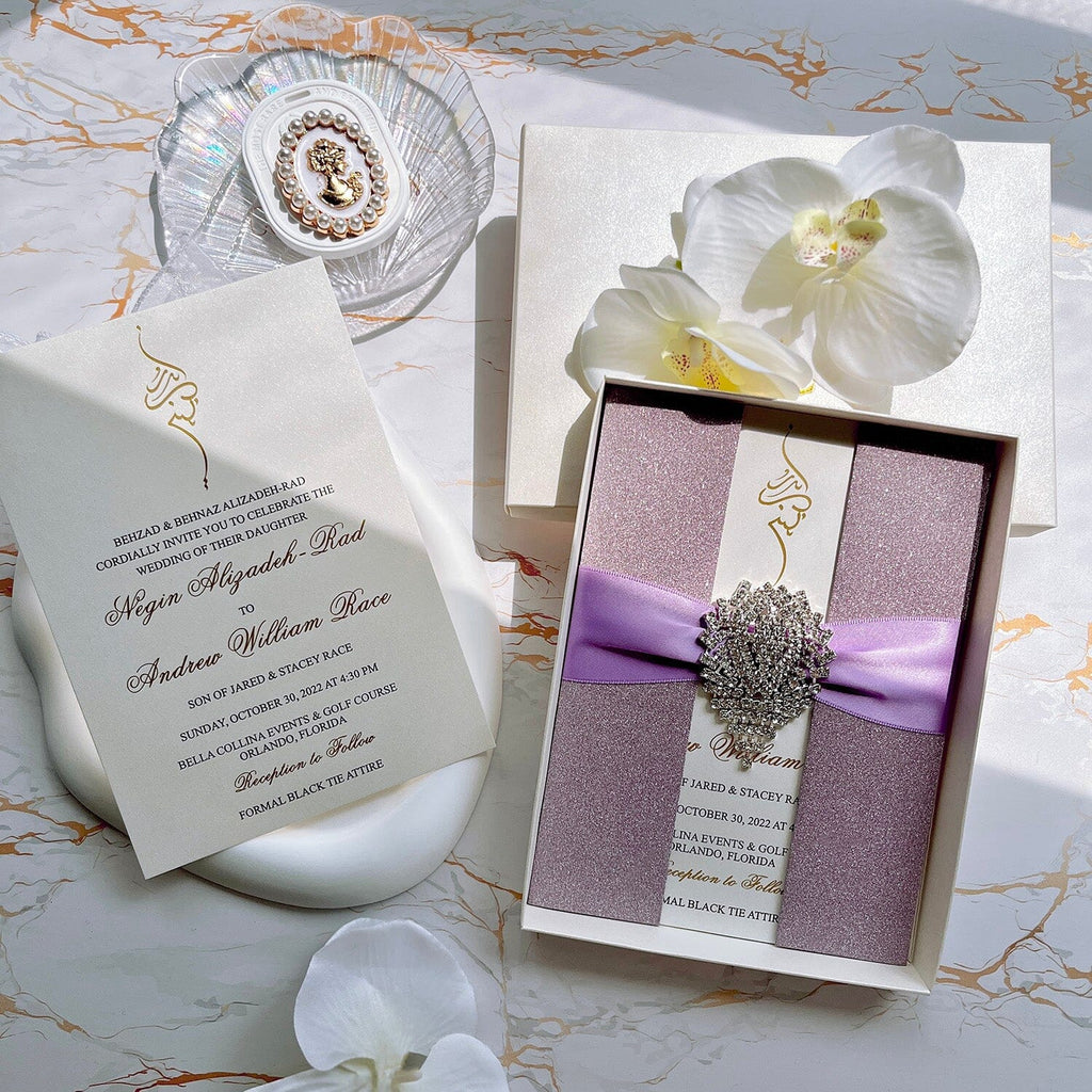 Glitter Lavender Diamond Wedding Invitations, Luxury Purple and Gold Foil Boxed Invites Picky Bride