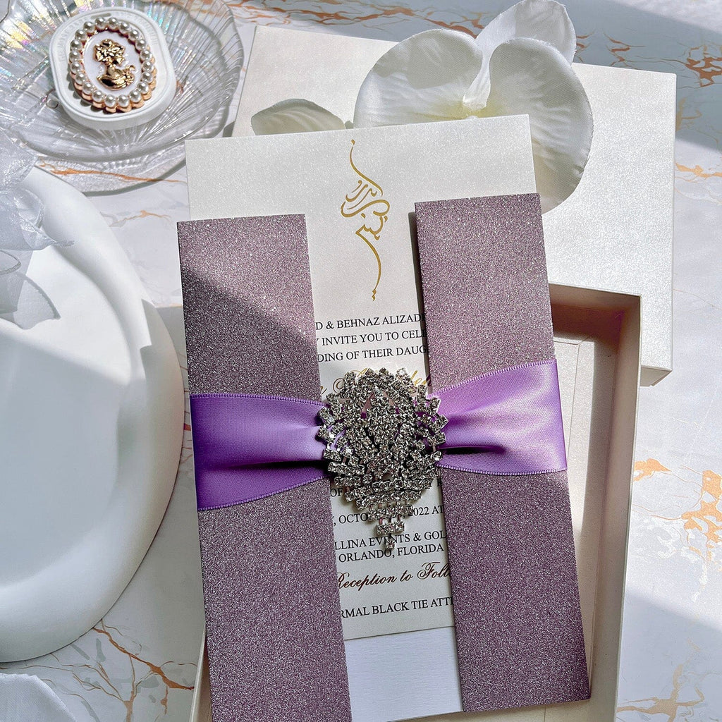 Glitter Lavender Diamond Wedding Invitations, Luxury Purple and Gold Foil Boxed Invites Picky Bride