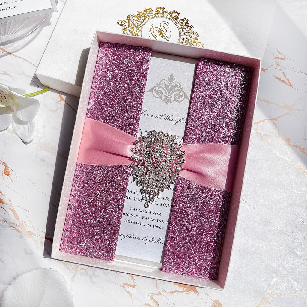 Glitter Lavender Diamond Wedding Invitations, Luxury Purple and Gold Foil Boxed Invites Picky Bride