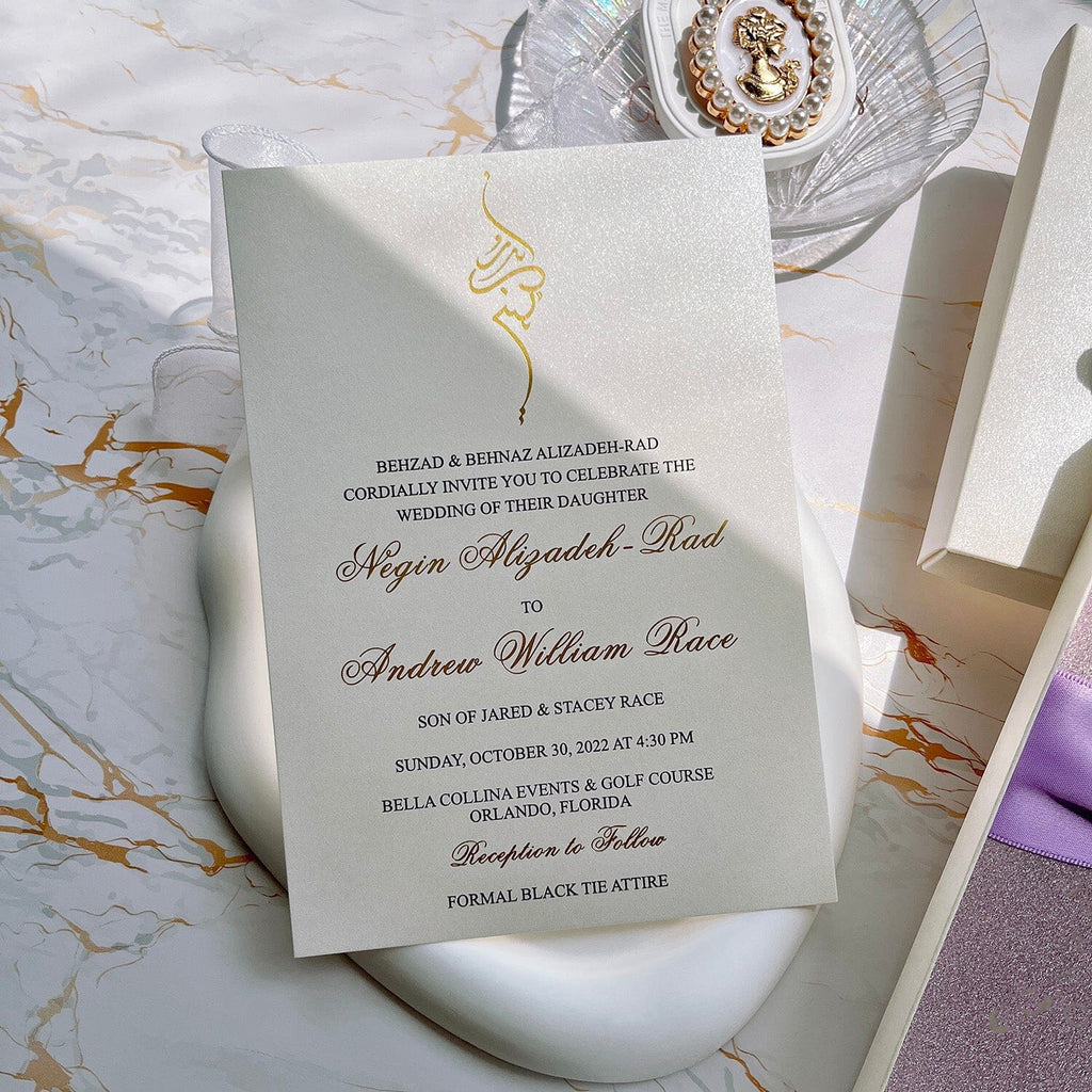 Glitter Lavender Diamond Wedding Invitations, Luxury Purple and Gold Foil Boxed Invites Picky Bride