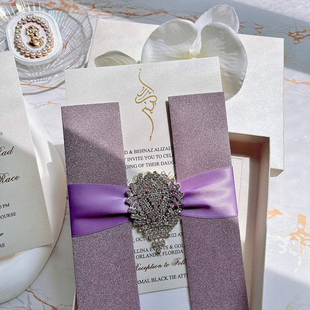Glitter Lavender Diamond Wedding Invitations, Luxury Purple and Gold Foil Boxed Invites Picky Bride