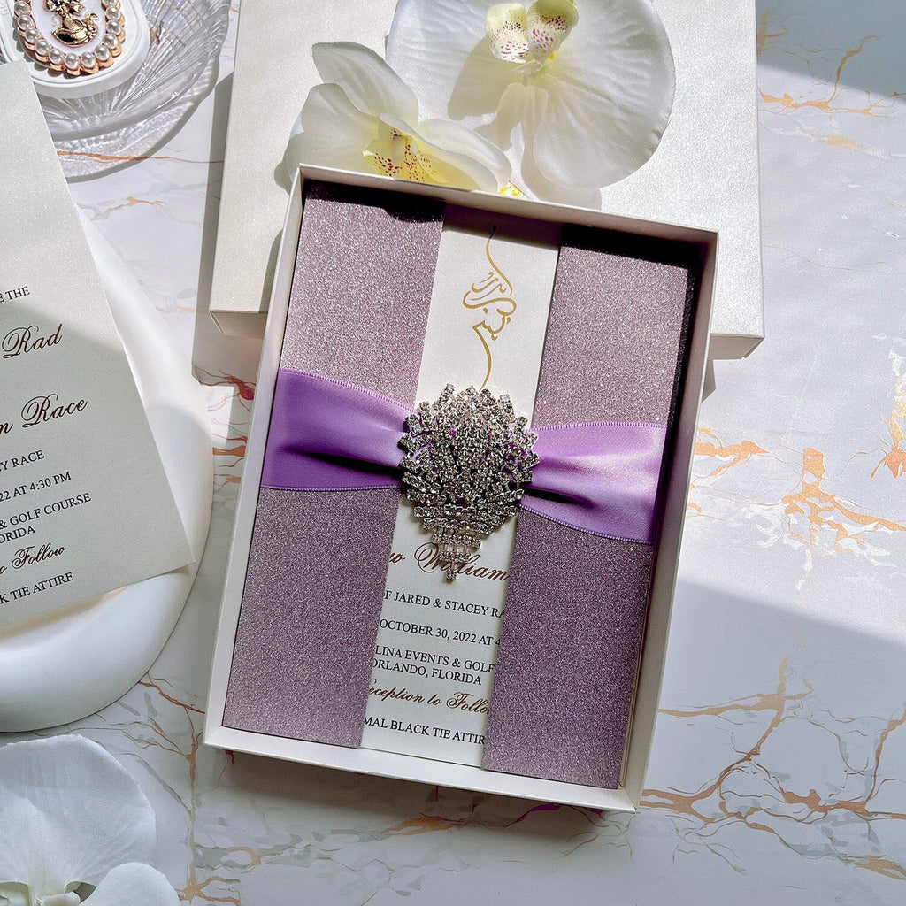 Glitter Lavender Diamond Wedding Invitations, Luxury Purple and Gold Foil Boxed Invites Picky Bride