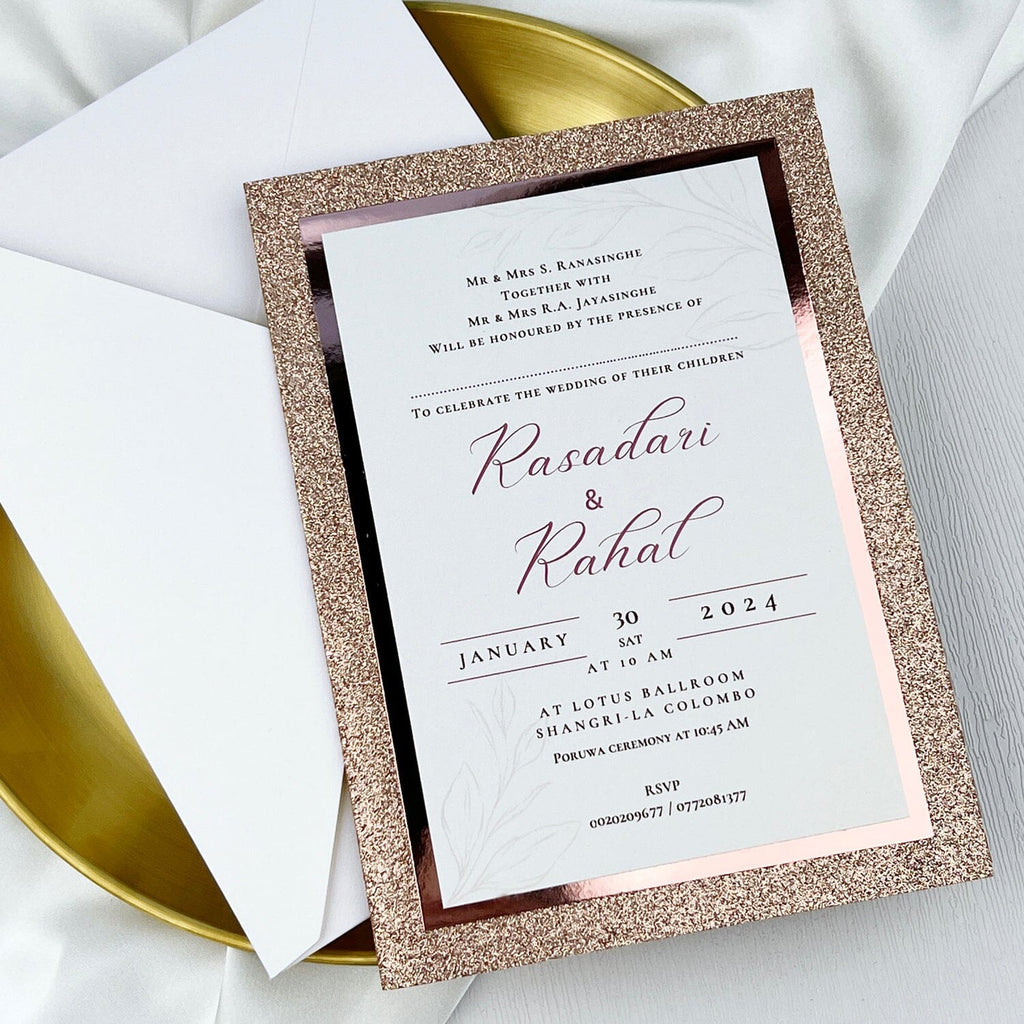 Glitter Rose Gold Wedding Invitation, Blush Modern Calligraphy Wedding Invites, Luxury Tir-Layers Invitations Wedding Ceremony Supplies Picky Bride
