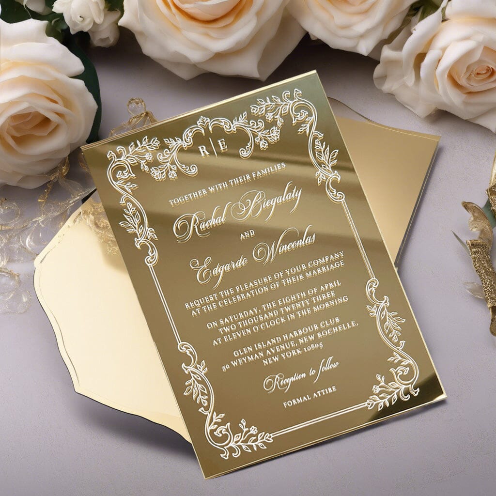 Gold Acrylic Mirror Wedding Invitation, Elegant Invites Cards with Filigree Frame Wedding Ceremony Supplies Picky Bride