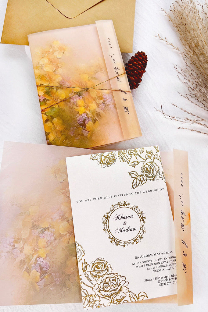 Gold and Yellow Floral Vellum Jacket Wedding Invitation, Luxury Gold Foil Invites with Personalized Monogram, Elegant Watercolor Covers with Golden Twine Wedding Ceremony Supplies Picky Bride