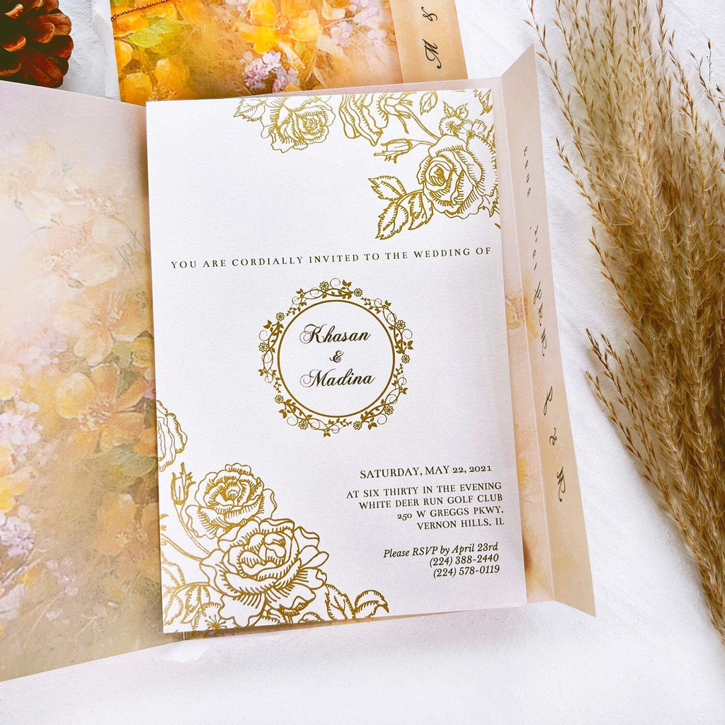 Gold and Yellow Floral Vellum Jacket Wedding Invitation, Luxury Gold Foil Invites with Personalized Monogram, Elegant Watercolor Covers with Golden Twine Wedding Ceremony Supplies Picky Bride