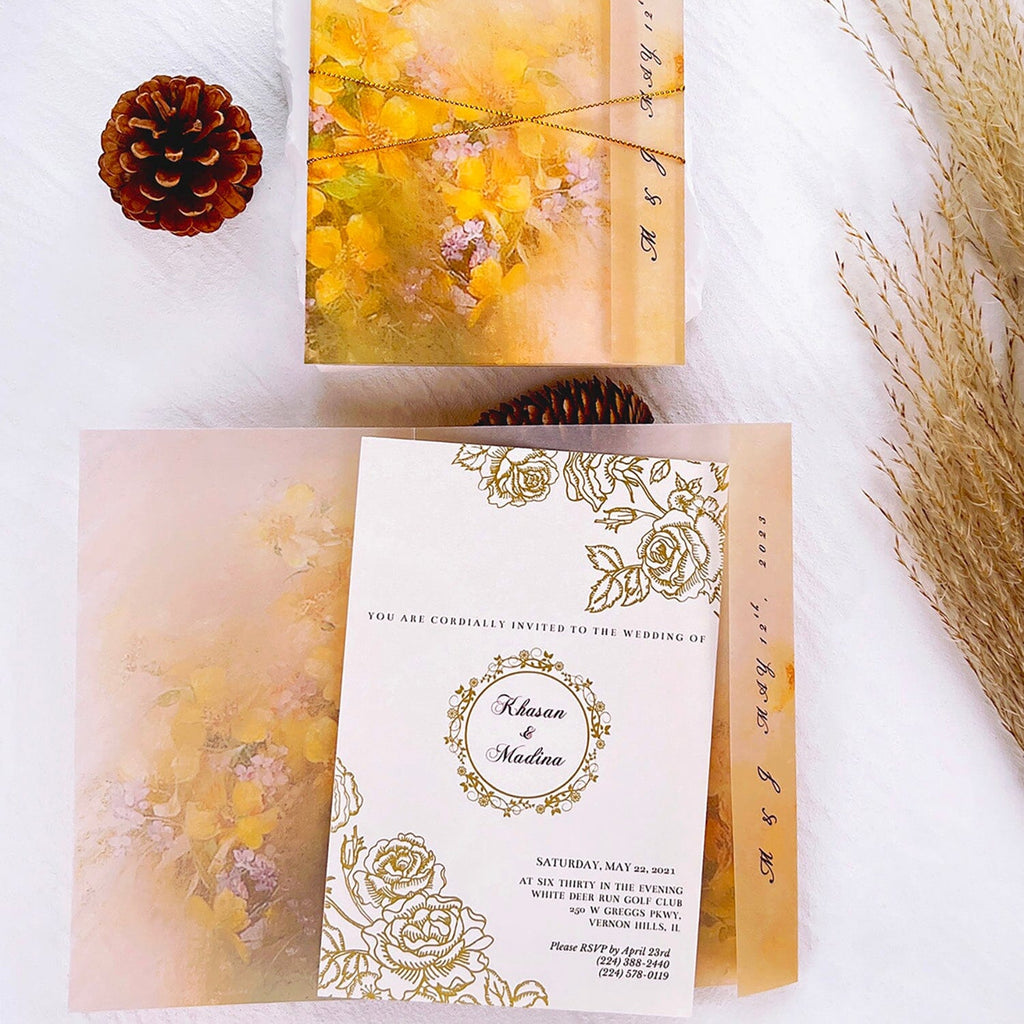 Gold and Yellow Floral Vellum Jacket Wedding Invitation, Luxury Gold Foil Invites with Personalized Monogram, Elegant Watercolor Covers with Golden Twine Wedding Ceremony Supplies Picky Bride