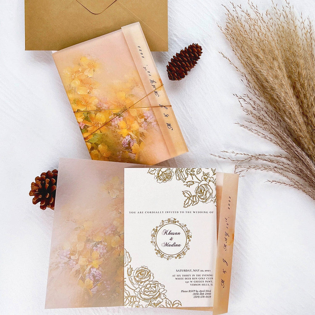 Gold and Yellow Floral Vellum Jacket Wedding Invitation, Luxury Gold Foil Invites with Personalized Monogram, Elegant Watercolor Covers with Golden Twine Wedding Ceremony Supplies Picky Bride