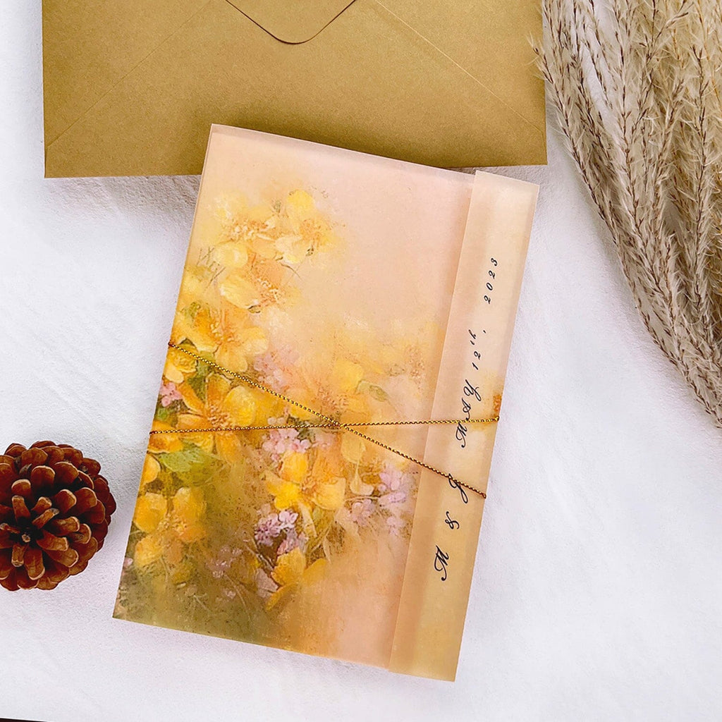 Gold and Yellow Floral Vellum Jacket Wedding Invitation, Luxury Gold Foil Invites with Personalized Monogram, Elegant Watercolor Covers with Golden Twine Wedding Ceremony Supplies Picky Bride