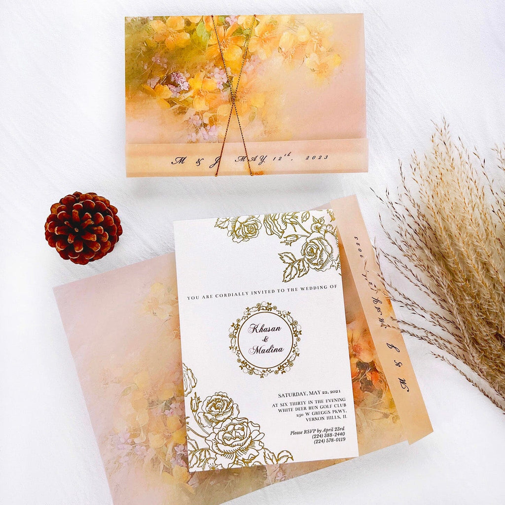 Gold and Yellow Floral Vellum Jacket Wedding Invitation, Luxury Gold Foil Invites with Personalized Monogram, Elegant Watercolor Covers with Golden Twine Wedding Ceremony Supplies Picky Bride