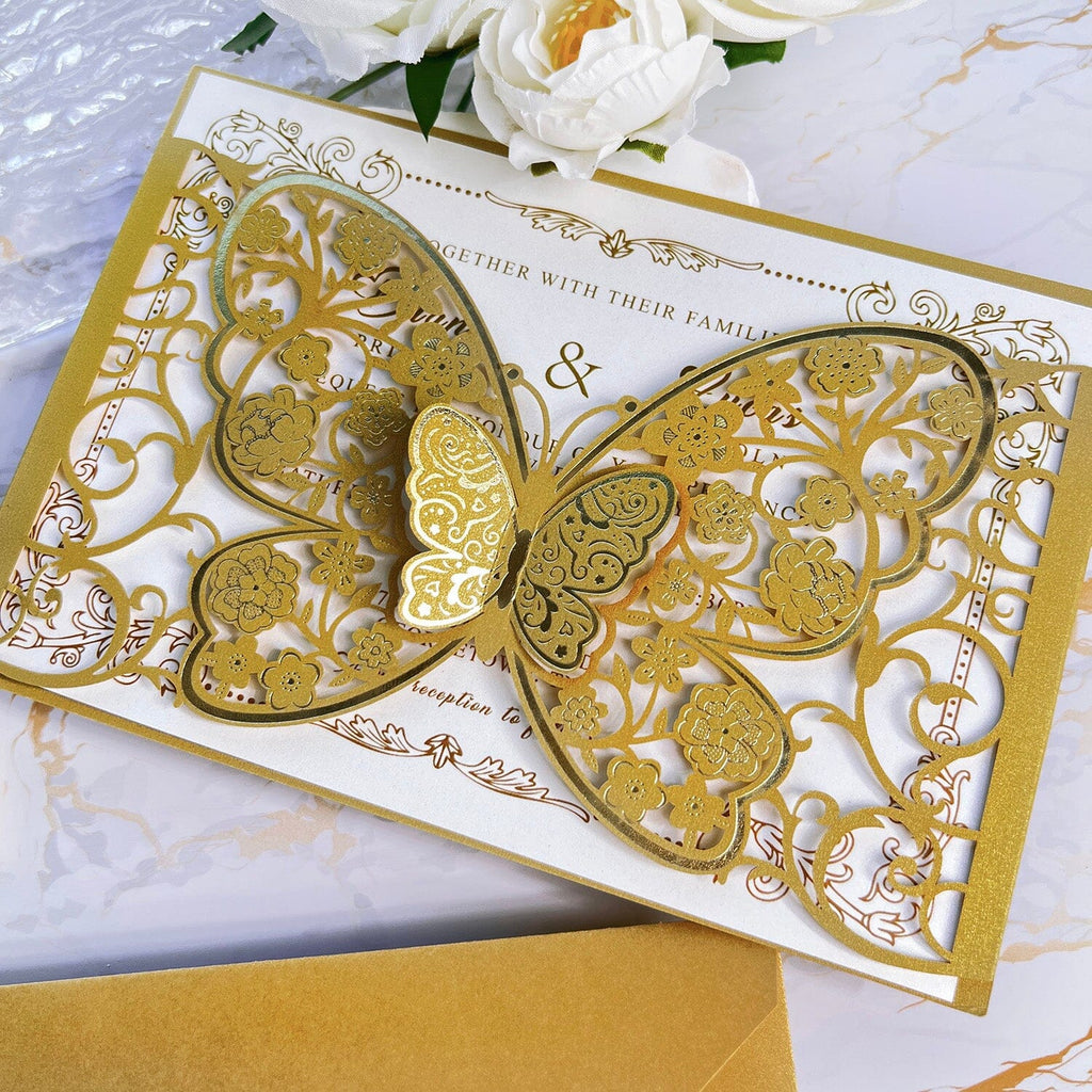 Gold Foil 3D Butterfly Wedding Invitations, Golden Laser Cut Butterfly Wedding Invites Card and RSVP, Personalized Wedding Cards Wedding Ceremony Supplies Picky Bride 