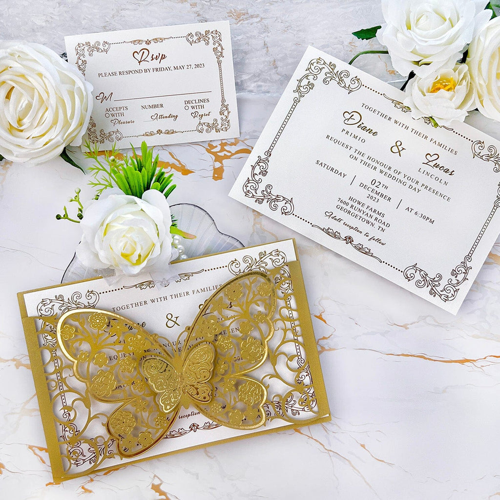 Gold Foil 3D Butterfly Wedding Invitations, Golden Laser Cut Butterfly Wedding Invites Card and RSVP, Personalized Wedding Cards Wedding Ceremony Supplies Picky Bride Invitation + RSVP($0.6) 